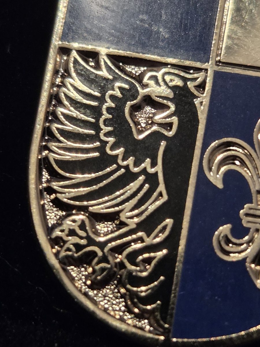 Close-up of the enamel and the eagle