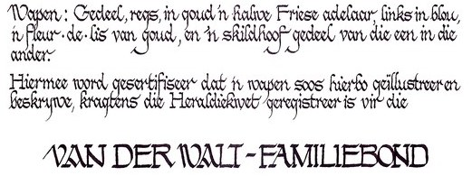 Hand lettering on the 1978 certificate for the Van der Walt arms